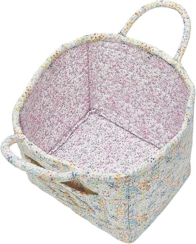 Quilted Fabric Storage Basket with Handles & Pocket, Foldable Laundry Hamper Boho Floral Print Organizer Bin for Home, Picnic, Office 12"x10"x10" (A-3) - Image 3