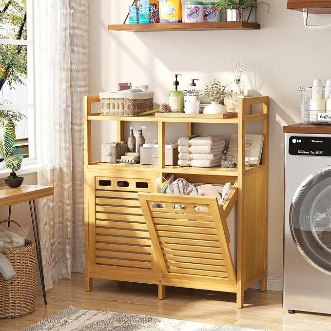 Homykic Tilt Out Laundry Hamper Cabinet, Bamboo Laundry Basket Organizer - Image 3
