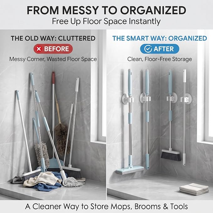 Broom Holder Wall Mount Adhesive 3 Pack Mop Holder Wall Mount, Broom Gripper, Broom and Mop Organizer Wall Hanging, No Drill Broom Hanger for Bathroom, Kitchen, Laundry Room, Garage Holds up to 4 lb - Image 3