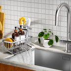 Cisily Extra Large Silver Kitchen Sink Caddy Organzier with High Brush Holder, Sponge Holder for Sink, 304 Rustproof Stainless, Kitchen Countertop Soap Dispenser Organizer For Decor and Accessories - Image 4