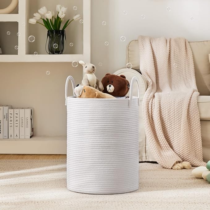 Woven Rope Laundry Hamper Basket by YOUDENOVA, 72L Tall Luandry Basket, Baby Nursery Hamper for Blanket Storage in Bedroom-Large-Pure White - Image 2