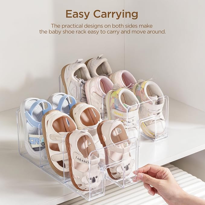 HBlife Widened 4.17 Inch Clear Acrylic Kids Shoe Rack for Closet Organizers and Storage, Small Shoe Rack 3 Sections Toddler Baby Shoe Storage Organizer Shelf, Desk File Book Purse Organizer(4 Pack) - Image 6