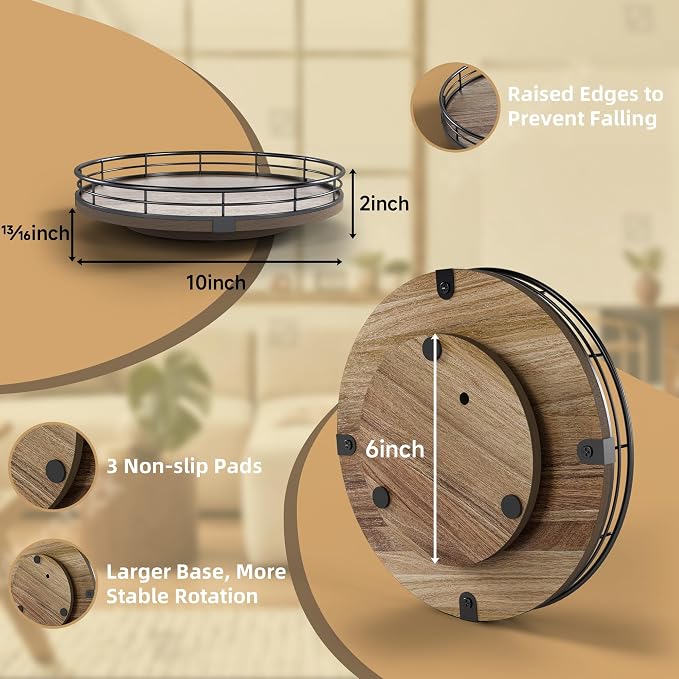Acacia Wood 10" Lazy Susan Turntable Organizer for Table Top, Farmhouse Round Wooden Lazy Susan for Cabinet Kitchen Centerpieces Coffee Table, for Condiments Spices, Bathroom Vanity Tray Decor - Image 2