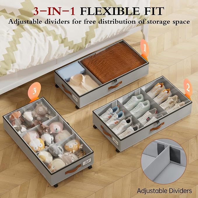 Yecaye Under Bed Storage with Wheels, 2 Pack Under Bed Storage Containers with Adjustable Dividers & Clear Window, Rolling Underbed Organizer Bins Drawers for Clothes, Shoes, Blankets, Grey - Image 2