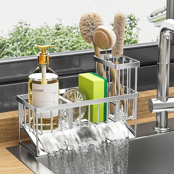 Cisily Sink Caddy Sponge Holder for Kitchen, 304 Stainless Steel Rustproof, Kitchen Sink Caddy with High Brush Holder, Dish Sponge Organizer with Divider(Silver) by CISILYHOMELIFE