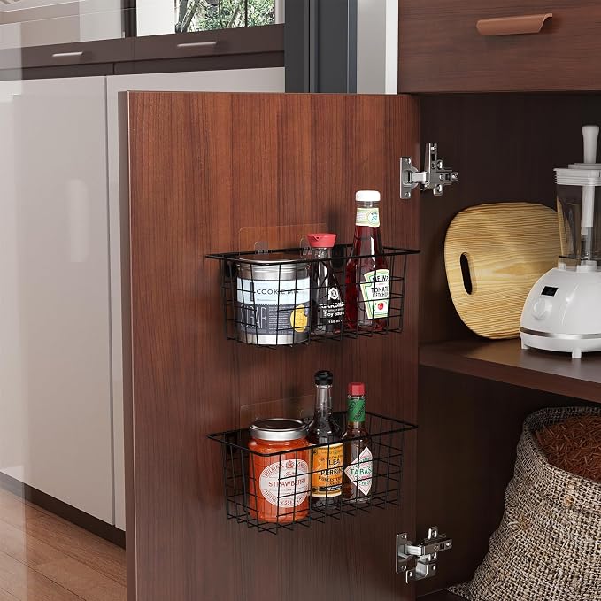 MaraFansie Hanging Kitchen Baskets Wire Storage Basket Adhesive and Screws Basket Over the Cabinet Door Organizer with Adhesive Strips and Screws Accessories, 2 Installations, 2 Pack - Image 3