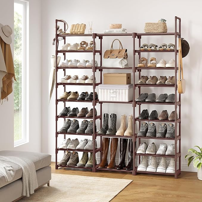 WOWLIVE 9 Tier 3-Column Shoe Rack, 50-55 Pairs Stackable Brown - Image 2