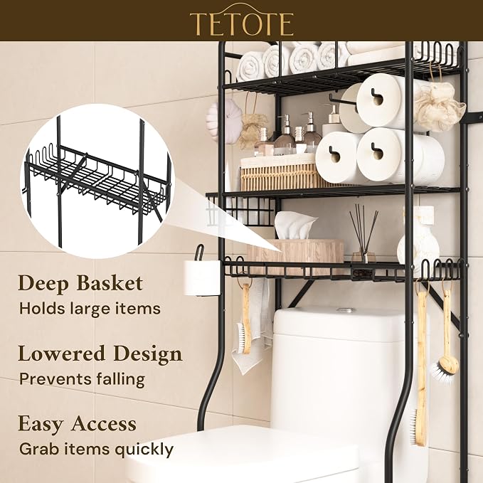 TETOTE Over The Toilet Storage Rack, 3-Tier Bathroom Organizer Shelf Over Toilet with Toilet Paper Roll Holder, Freestanding Metal Rack, Black - Image 6