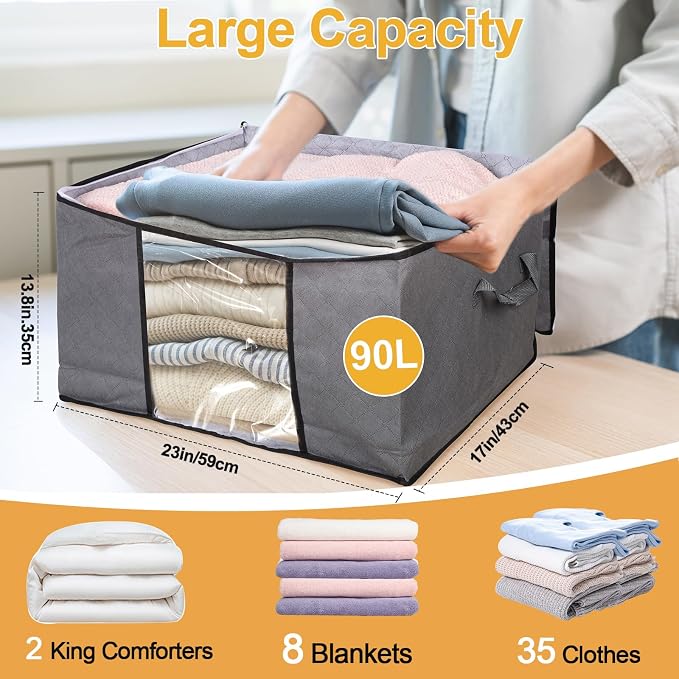 90L Large Blanket Storage Bags, 8 Pack Clothes Storage Bag Comforter Storage Bin with Reinforced Handle and Lid Foldable Closet Organizer and Storage Containers for Bedding Sheets and Duvet - Image 2