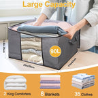 90L Large Blanket Storage Bags, 8 Pack Clothes Storage Bag Comforter Storage Bin with Reinforced Handle and Lid Foldable Closet Organizer and Storage Containers for Bedding Sheets and Duvet - Image 2