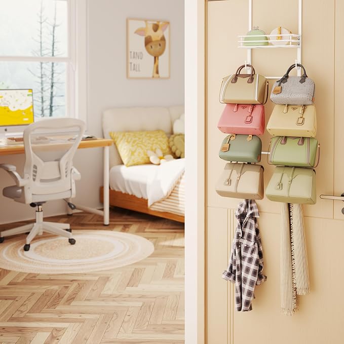 HapiRm Over the Door Purse Organizer - Wall Mounted Purse Rack with 10 Hooks and Metal Basket, Hanging Handbag Organizer Holds up to 10 Bags, Bag Rack Can Use As 1/2 Part, for Door, Closet (White) - Image 7