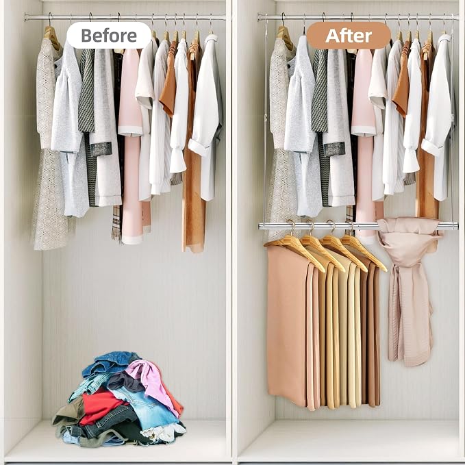 STORAGE MANIAC Hanging Closet Rod, Adjustable Width and Height Closet Hanging Organizer, Space-Saving Clothes Hanging Bar, Closet Extender Hanging Rod Double Closet Hanging Rod, 2 Pack Chrome - Image 5