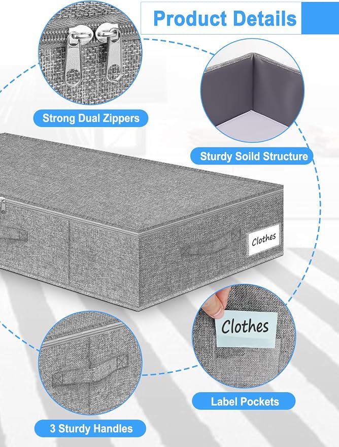 6.7-Inch Under Bed Storage Bin with Zipper Lid, Rigid Sides,2 Pack, Gray | Zipped Lid, Rigid Sides & Bottom, Large Clothes Organizer Box, Off-season Storage, Bedrooms, Closet Organization - Image 7