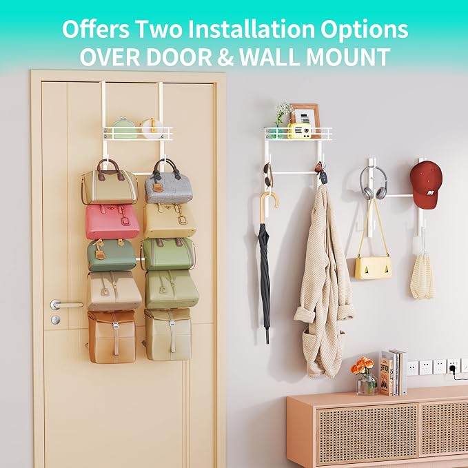 HapiRm Over the Door Purse Organizer - Wall Mounted Purse Rack with 10 Hooks and Metal Basket, Hanging Handbag Organizer Holds up to 10 Bags, Bag Rack Can Use As 1/2 Part, for Door, Closet (White) - Image 6