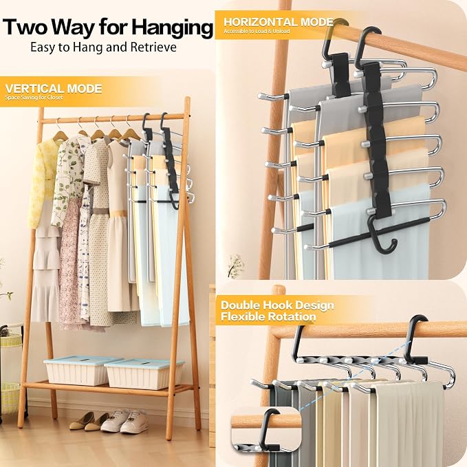 Pants Hangers Space Saving - 4 PCS Closet Organizer and Storage Jean Hangers, Stainless Steel Anti-Slip Clothes Hanger Scarf Holder Pants for Jeans Leggings Trousers Rack for Back to School, Black - Image 3