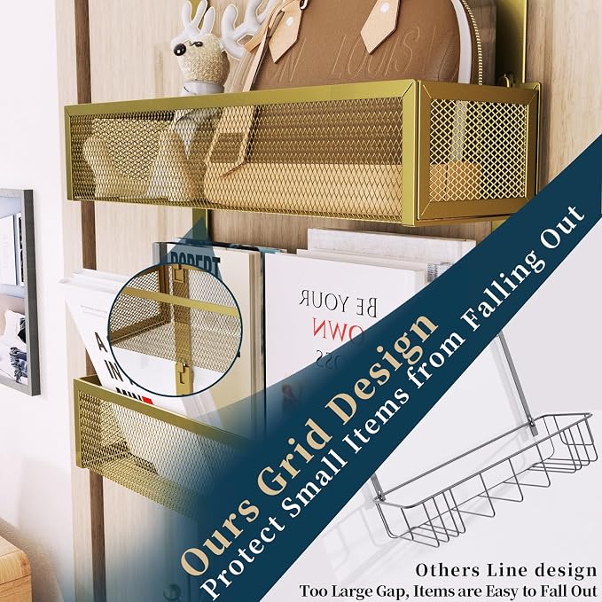 Consumest Over The Door Hooks Organizer - 3 Tier Door Hanger with 9 Coat Hooks & 2 Mesh Basket, Back Storage Organizer Hanging Towels for Bathroom, Bedroom, Gold - Image 3
