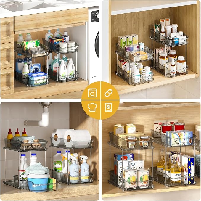 Delamu 2-Tier Under Sink Organizers and Storage, Multi-Purpose Stackable Bathroom Cabinet organizers, Pull Out Kitchen Pantry Organization and Storage with Dividers(4 Pack, Grey) - Image 4