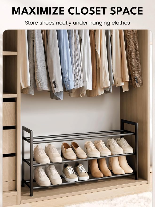 Bumusty 3 Tier Expandable Shoe Rack for Closet, Black | 18"-33" Adjustable Shoe Rack for Entryway, Small Shoe Organizer for Dorm, Front Door, Sturdy Metal - Image 4