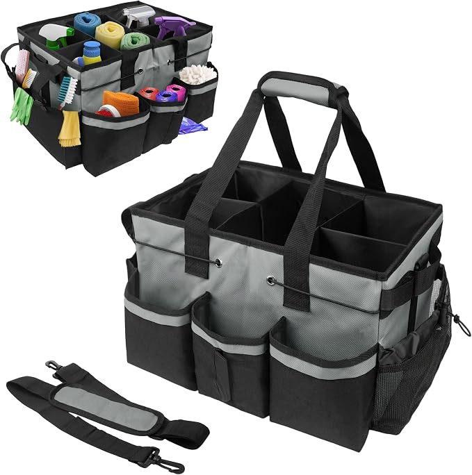 ZKOO Large Cleaning Caddy Bag with Handle, Built-in Sturdy Support Board, Adjustable Shoulder Strap, Multi-compartment Design Cleaning Supply Tote for Cleaners & Housekeepers (Gray) by ZKOO