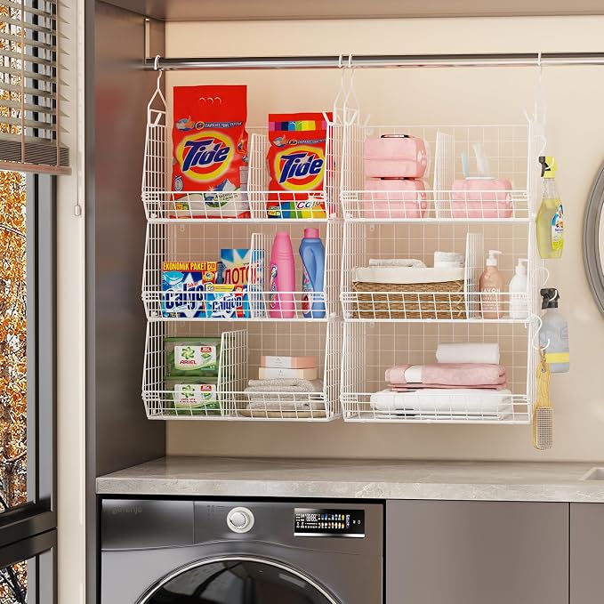 4 Tier Extra Large Hanging Closet Organizer ,Closet Organizer Hanging with 5 S Hooks 4 Dividers,Clothes Organizer Clothing Sweaters Clutches Handbags Hats Accessories-White - Image 5
