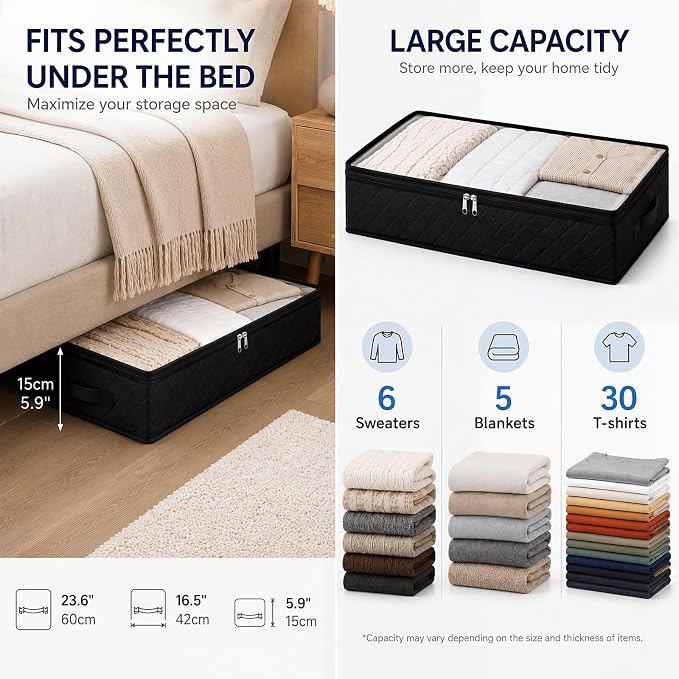 Fixwal Black Underbed Storage Bags with Clear Window and 2 Reinforced Handles Under Bed Storage Containers for Clothing, Bedding, Comforter (2 Pack) | Foldable Design, Clear Vinyl Window, Stainless Steel Zipper, Reinforced Handles, Dust-Resistant Under... - Image 2