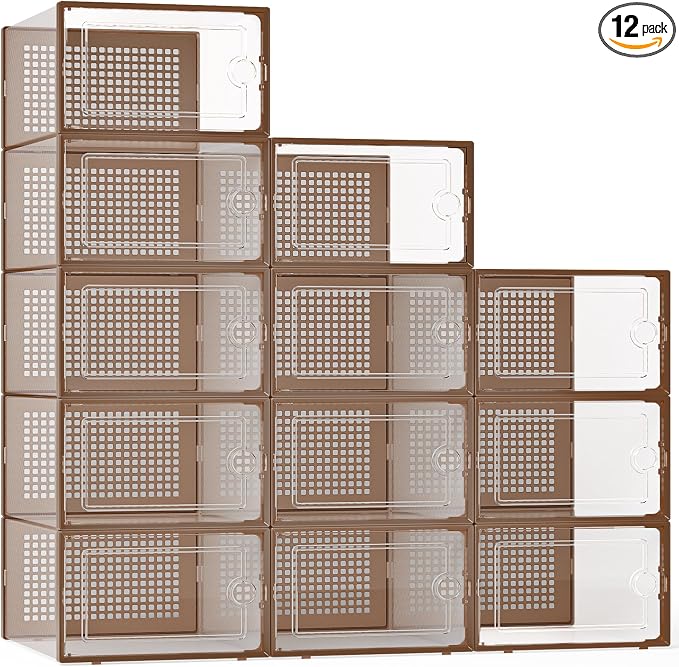 Kuject X-Large Shoe Storage Boxes 12 Pack, Clear Stackable Shoe Organizer | Shoe Case for Closet, Entryway & Under-Bed Storage, Drop-Front Design, Space-Saving Solution for Family Organization,Brown by Kuject