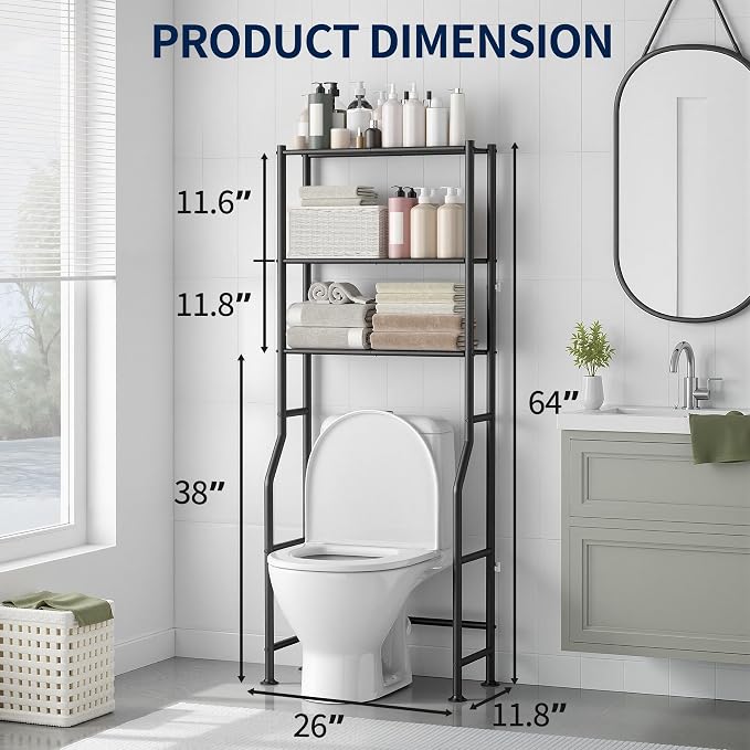GloTika 3-Tier Over Toilet Storage Rack, Anti-Wobble, Black - Image 2