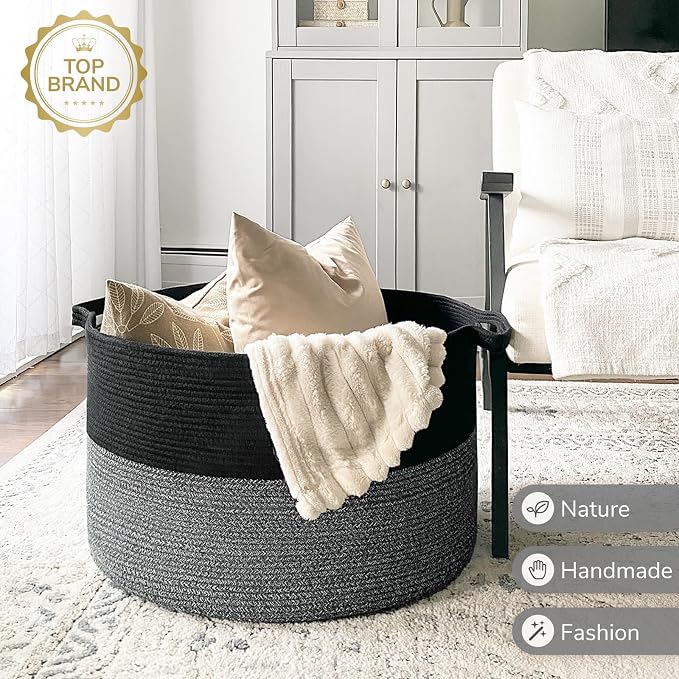 INDRESSME XXXLarge Woven Rope Blanket Basket Living Room Black Grey - Image 7