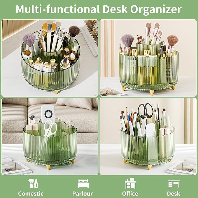 Clear Rotating Makeup Organizer Countertop for Vanity, 360° Makeup Brush Holder Organizer with 5 Compartments, Transparent Cosmetic Storage for Lipstick, Skincare, Bathroom Counter(Transparent Green) - Image 3