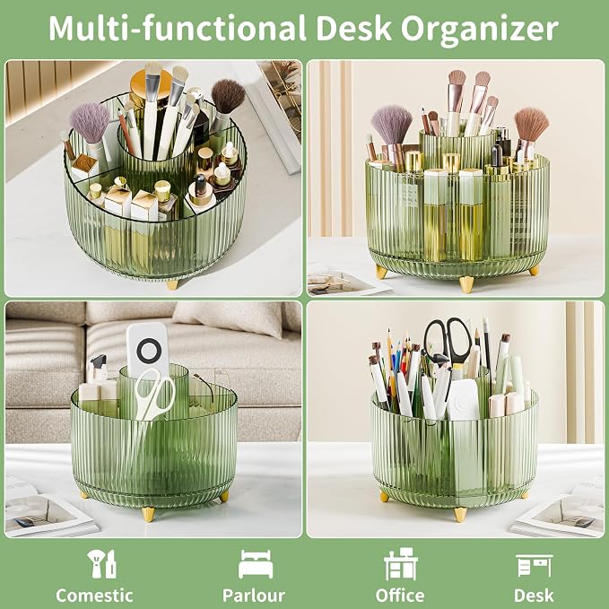 fanado 360° Rotate Makeup Brush Holder Organizer, Makeup Organizers Countertop, Makeup organization and Skincare Storage for Vanity, Desktop, Bathroom (Clear Green) - Image 3
