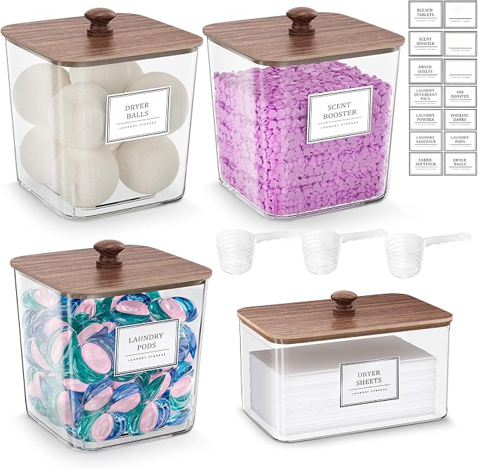 HomePekite Laundry Pods Storage Container, Clear Acrylic Laundry Room Organization and Storage ,Detergent Powder Container,with Wooden Lids & Labels, 3+1 Pack（Dark Brown） by Unknown