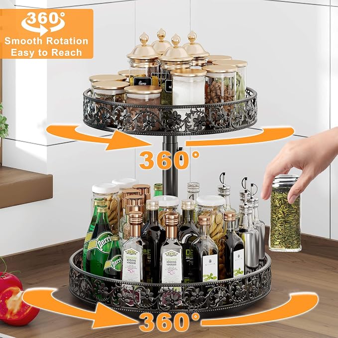 2 Tier Lazy Susan Organizer Turntable Height Adjustable, Black - Image 2