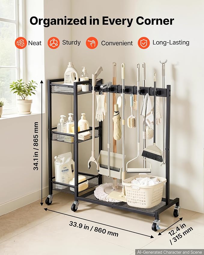 VEVOR Broom Holder with Cleaning Supplies Organizer, Garage Storage Metal - Image 2