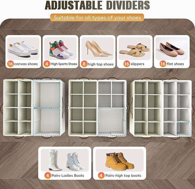 2 Pack Shoe Organizer for Closet, Foldable Shoe Storage with Adjustable | Farbic shoe storage organizer box bin with clear cover, fits up to 16 pairs, shoe storage box for closet, entryway, yellow - Image 2