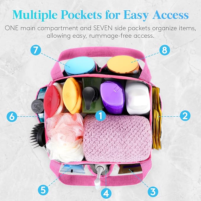 Lifewit Mesh Shower Caddy Portable for College Dorm Room Essentials with 7 Pockets, Freestanding Hanging Organizer Basket, Quick Dry Tote Bag for Camping, Bathroom, Beach, Travel, 1 Pack, Pink - Image 3