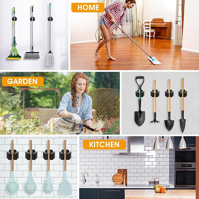 24 Pack Broom and Mop Holder Wall Mount, Hanging Clamp Clip Hanger Utility Rack, Heavy Duty Stainless Steel Adjustable Clamp Organizer with Screws for Garage, Home, Garden Tools, Black - Image 4