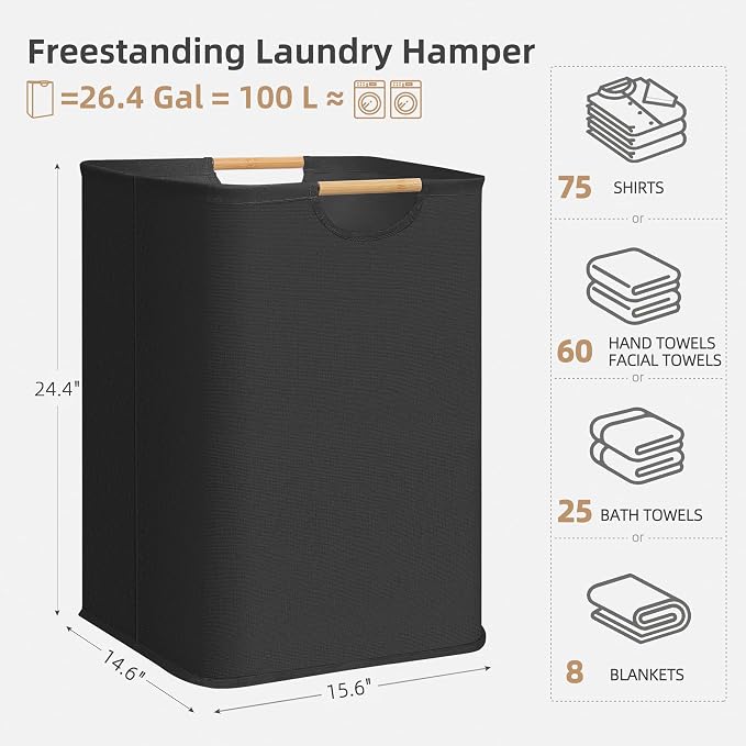 STORAGE MANIAC 1-Pack Large Laundry Hamper, 100L (26.4 Gal) Collapsible Laundry Basket with Bamboo Handles, Freestanding Waterproof Clothes Hamper for Laundry Room, Bedroom, Dorm, Towels, Black - Image 4