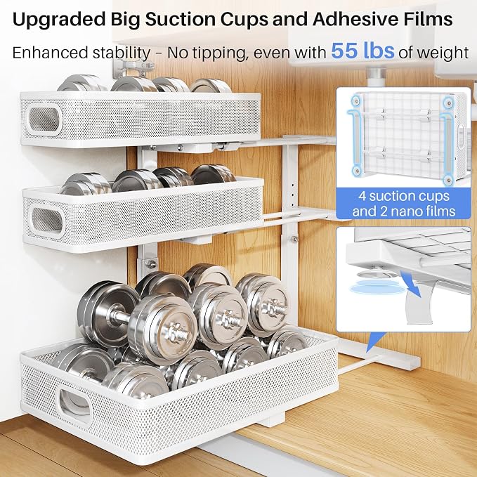 Under Sink Organizer, 3-Tier Thickened Metal Pull out Cabinet Organizer Shelf, Height Adjustable Slide out Storage Drawer Rack for Kitchen Bathroom Pantry Laundry Home Organization, 2-Pack, White - Image 6