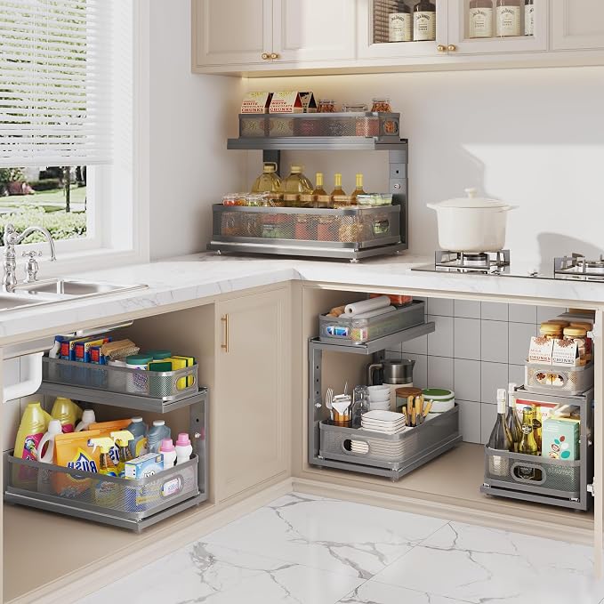 2 Pack 18.5IN-Depth Under Sink Organizer With Next-Gen Ball-Bearing Slides,2-Tier Precision Mesh Pull Out Cabinet Storage for Bathroom&Kitchen,Height Adjustable Drawers Shelf,Anti-rust-Grey - Image 8