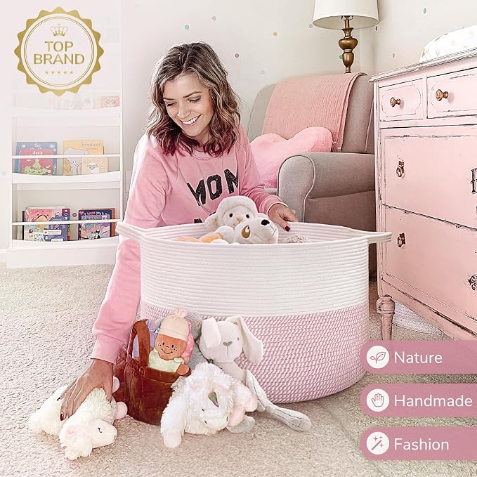 INDRESSME XXXLarge Woven Rope Blanket Basket Living Room Pink, 90L - Image 6