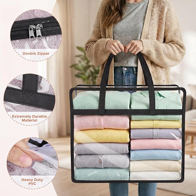 4 Pack Clear Storage Bags for Clothes, 45L Closet Organizers and Storage | Plastic storage with zipper and handle, moving bags, under-bed storage, closet organizer for blankets, comforters, toys - Image 3