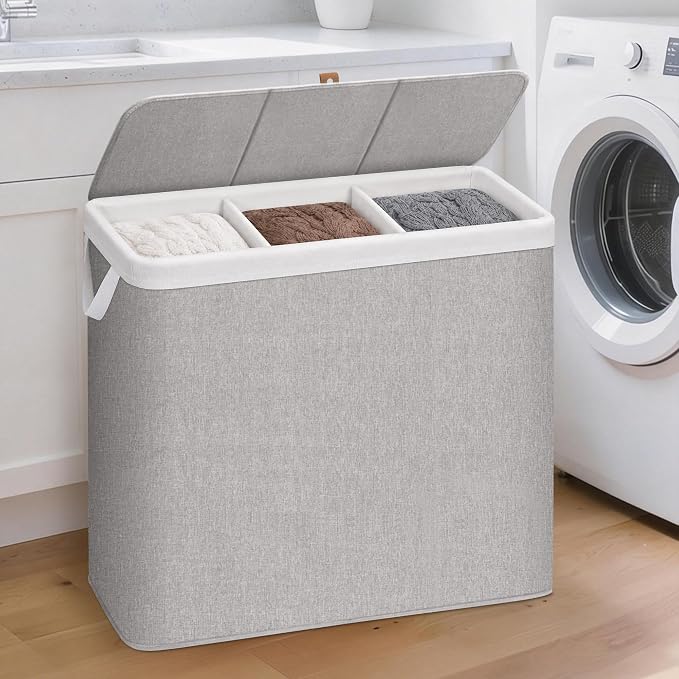 STORAGE MANIAC Triple Laundry Hamper with Lid, Metal Frame Laundry Baskets - Image 9