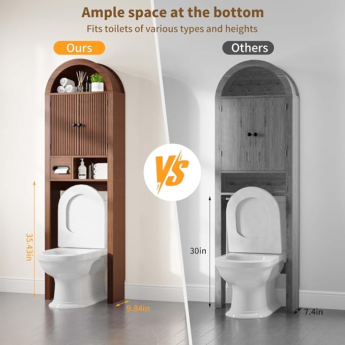 Arched Over the Toilet Storage Cabinet with Fluted Wood Doors, Walnut - Image 6