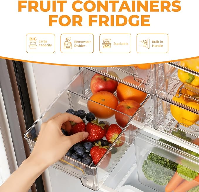 2 Pack Stackable Storage Drawers,Plastic Organizers Bins, Drawers Storage with Handles and Movable Dividers for Organization and Storage in Fridge,Bathroom, Pantry, Kitchen Cabinets, Under Sink - Image 4