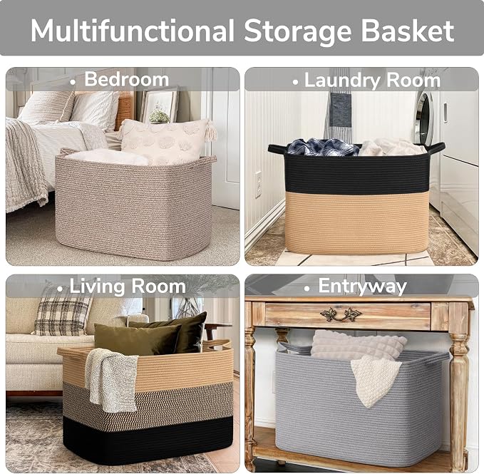 Goodpick 105L Extra Large Woven Rope Blanket Basket, Rectangle, Gray - Image 4