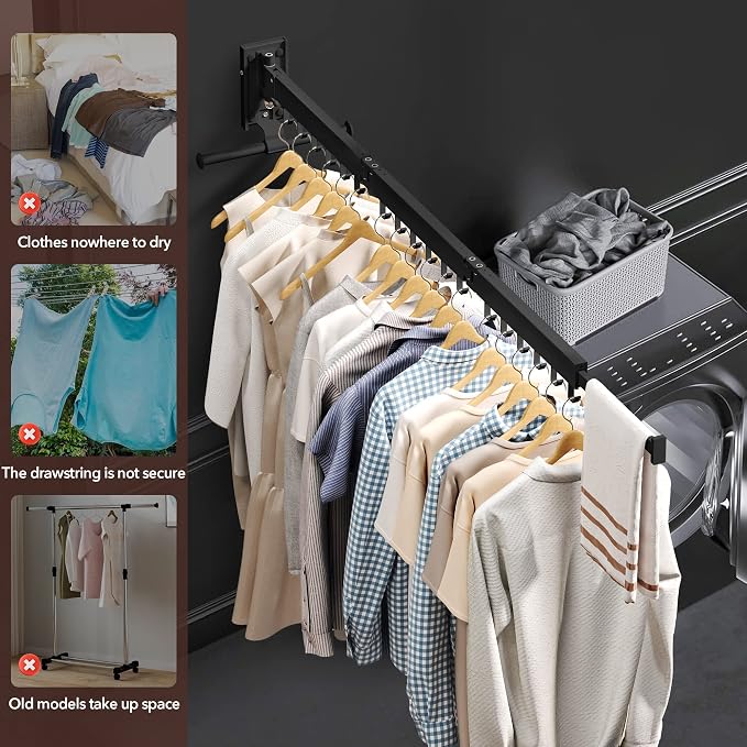 ZdwCyl Wall Mounted Clothes Hanger,Clothes Drying Rack,Laundry Drying Rack,Drying Rack Clothing,Laundry Hanger Rack,Retractable Dryer Racks,Collapsible, Aluminum,can be Fold Upward & Left & Right - Image 5
