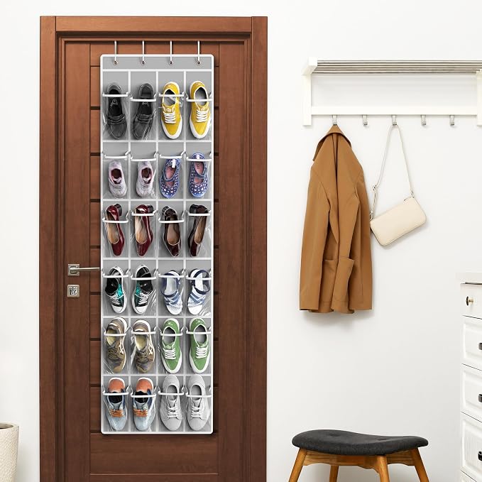 Simple Houseware 24 Pockets Clear Over the Door Shoe Organizer, Gray | 64" x 19", 4 Durable Metal Hooks, 4.3" x 9.5" Pocket Size, Multipurpose - Image 6