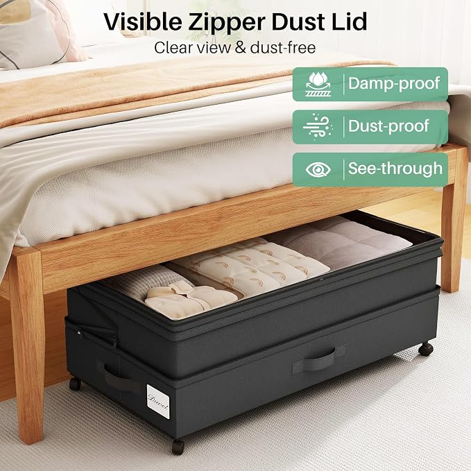 Kitstorack 4 Pack Height-adjustable Under Bed Storage with Wheels, Under Bed Storage Containers,Under Bed Shoe Storage Organizer with Clear Window&Label, Suitable for Clothes Storage, Black - Image 5