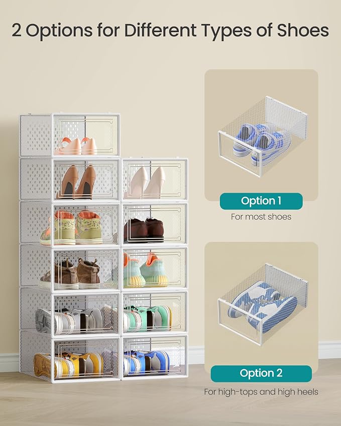 SONGMICS Shoe Boxes, Clear Plastic Sneaker Box, Pack of 15 | Stackable Shoe Storage Organizers, for Closet, 13.1 x 9.1 x 5.6 Inches, Transparent and White, DENNYS Collection ULSP015W02 - Image 4