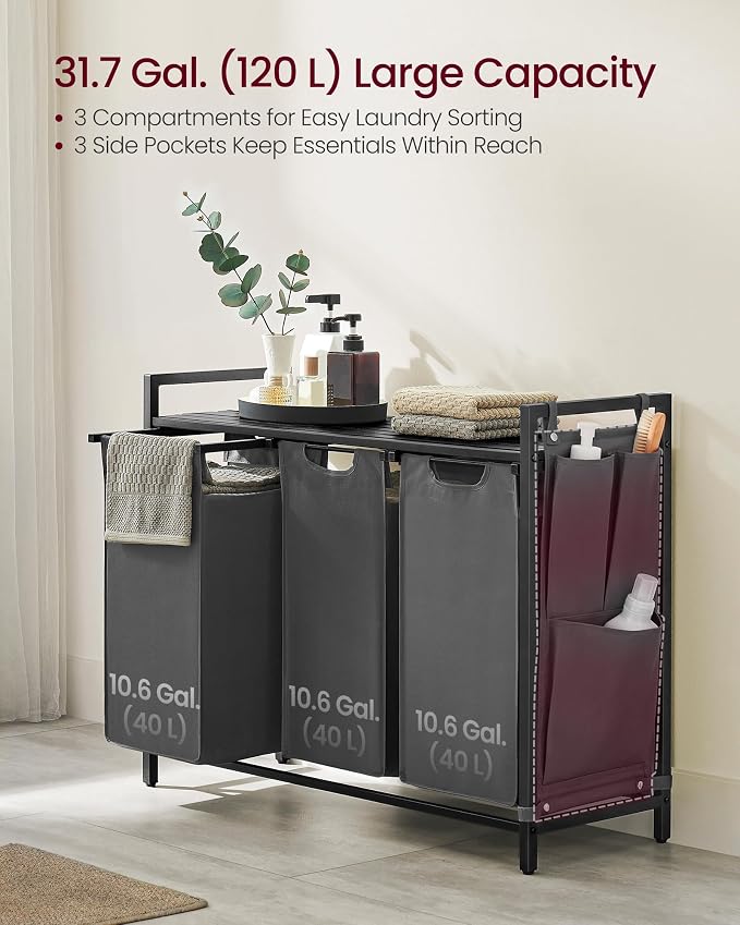 VASAGLE Laundry Hamper with Shelf, 3 Pull-Out Bags, 3 x 10.6 Gallons (40 L) - Image 3